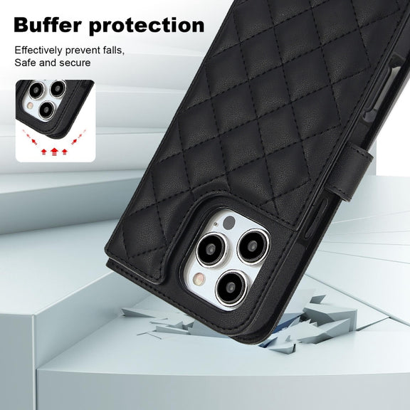 For iPhone 16 Pro Max Crossbody Multifunction Rhombic Leather Phone Case(Black)