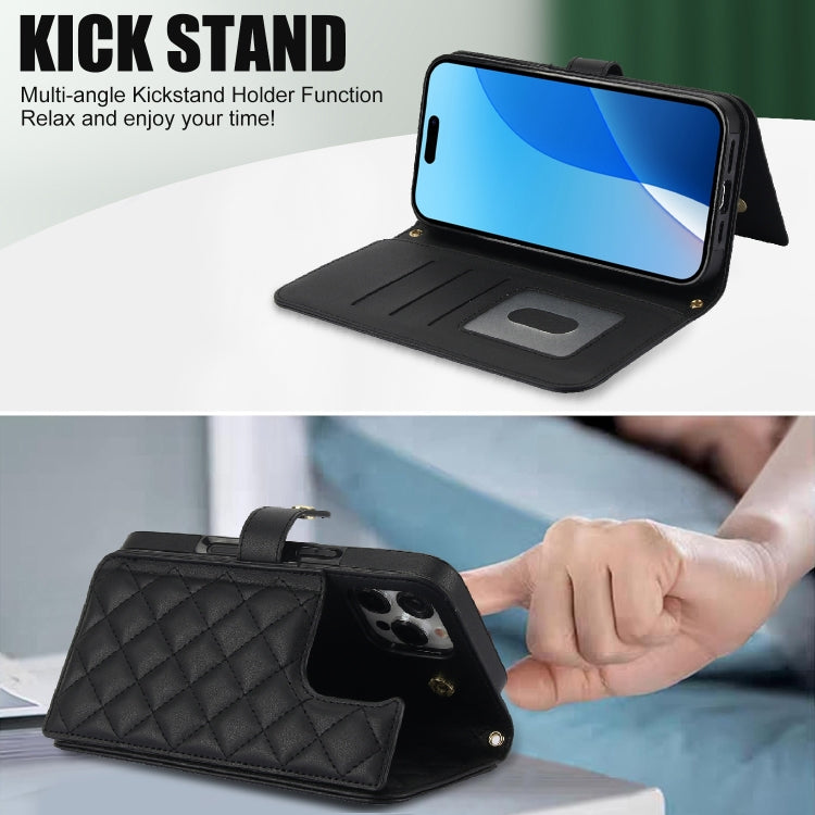 For iPhone 16 Pro Max Crossbody Multifunction Rhombic Leather Phone Case(Black)
