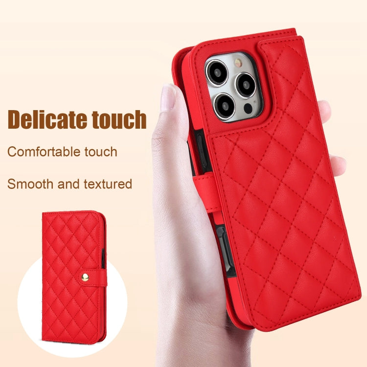 For iPhone 16 Pro Max Crossbody Multifunction Rhombic Leather Phone Case(Red)