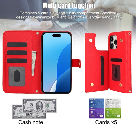 For iPhone 16 Pro Max Crossbody Multifunction Rhombic Leather Phone Case(Red)