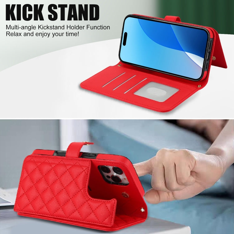 For iPhone 16 Pro Max Crossbody Multifunction Rhombic Leather Phone Case(Red)