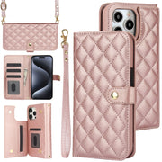 For iPhone 16 Pro Max Crossbody Multifunction Rhombic Leather Phone Case(Rose Gold)