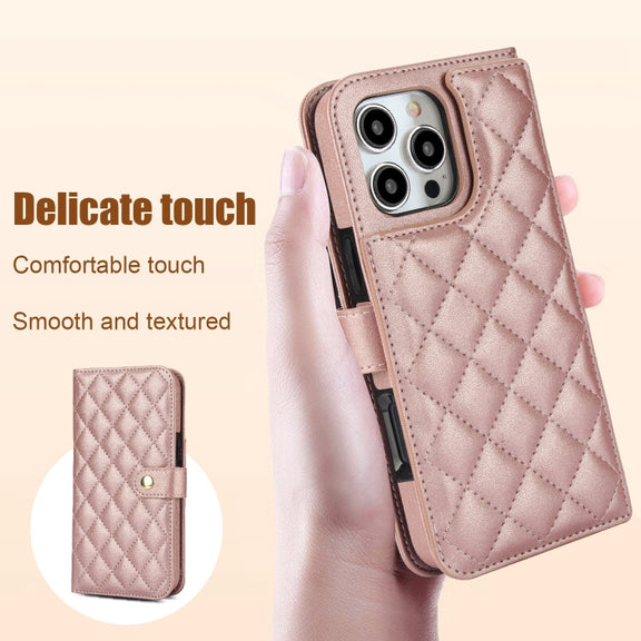 For iPhone 16 Pro Max Crossbody Multifunction Rhombic Leather Phone Case(Rose Gold)