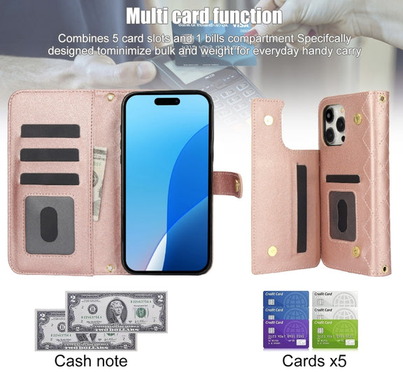 For iPhone 16 Pro Max Crossbody Multifunction Rhombic Leather Phone Case(Rose Gold)
