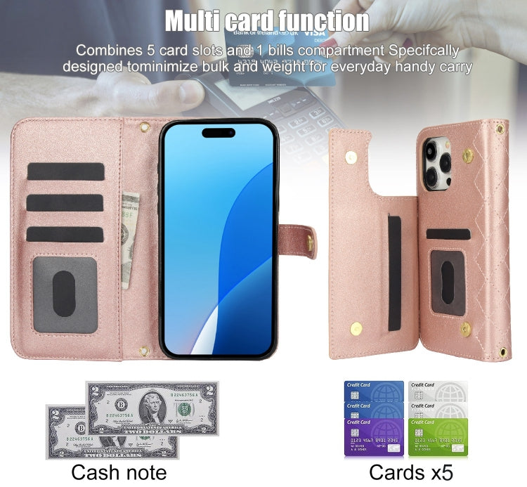 For iPhone 16 Pro Max Crossbody Multifunction Rhombic Leather Phone Case(Rose Gold)