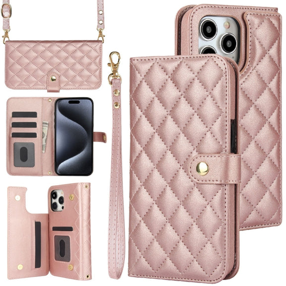 For iPhone 16 Pro Max Crossbody Multifunction Rhombic Leather Phone Case(Rose Gold)