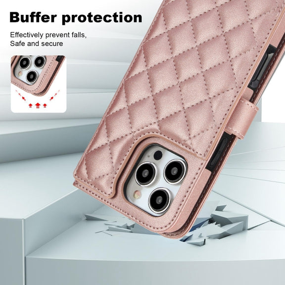 For iPhone 16 Pro Max Crossbody Multifunction Rhombic Leather Phone Case(Rose Gold)