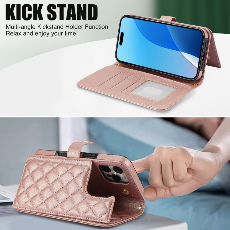 For iPhone 16 Pro Max Crossbody Multifunction Rhombic Leather Phone Case(Rose Gold)