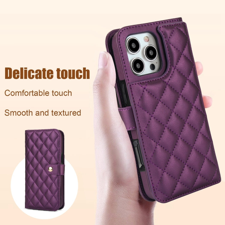 For iPhone 16 Pro Max Crossbody Multifunction Rhombic Leather Phone Case(Dark Purple)