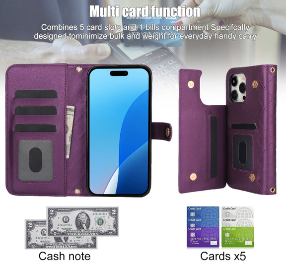 For iPhone 16 Pro Max Crossbody Multifunction Rhombic Leather Phone Case(Dark Purple)