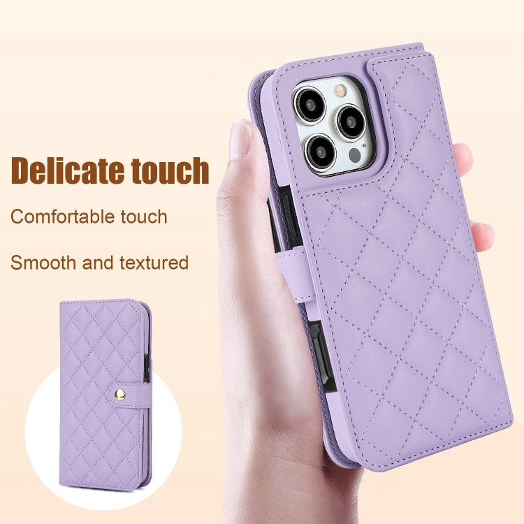 For iPhone 16 Pro Max Crossbody Multifunction Rhombic Leather Phone Case(Purple)