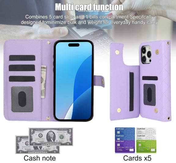 For iPhone 16 Pro Max Crossbody Multifunction Rhombic Leather Phone Case(Purple)