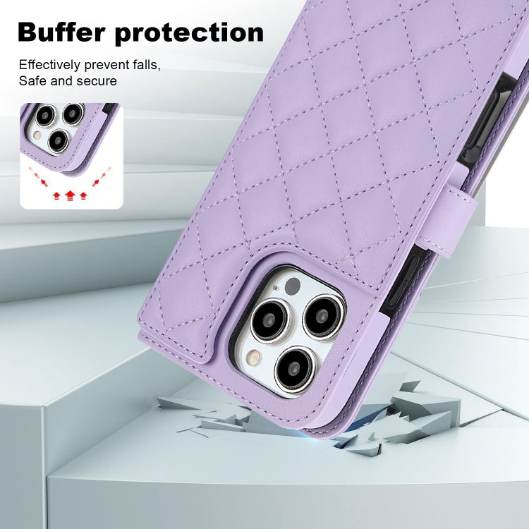 For iPhone 16 Pro Max Crossbody Multifunction Rhombic Leather Phone Case(Purple)