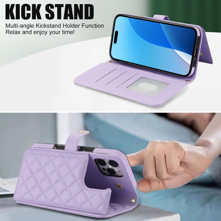 For iPhone 16 Pro Max Crossbody Multifunction Rhombic Leather Phone Case(Purple)