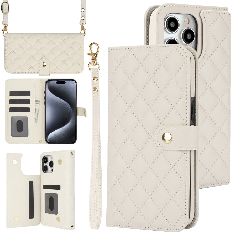 For iPhone 16 Pro Crossbody Multifunction Rhombic Leather Phone Case(White)