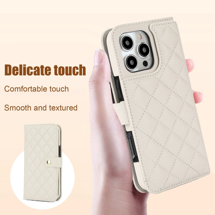 For iPhone 16 Pro Crossbody Multifunction Rhombic Leather Phone Case(White)