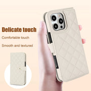 For iPhone 16 Pro Crossbody Multifunction Rhombic Leather Phone Case(White)
