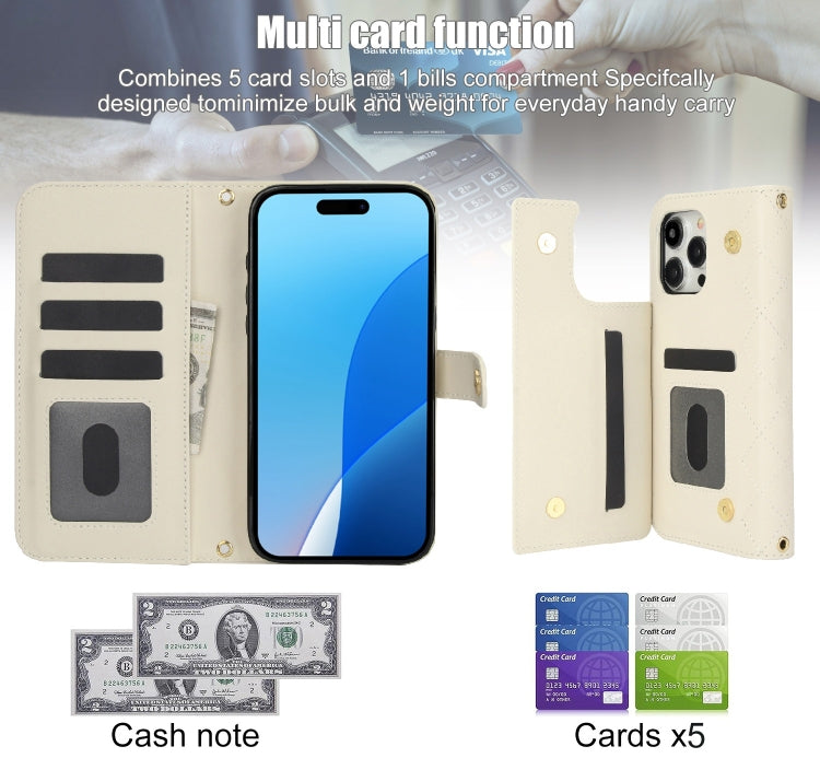 For iPhone 16 Pro Crossbody Multifunction Rhombic Leather Phone Case(White)