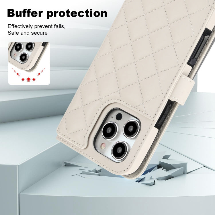 For iPhone 16 Pro Crossbody Multifunction Rhombic Leather Phone Case(White)