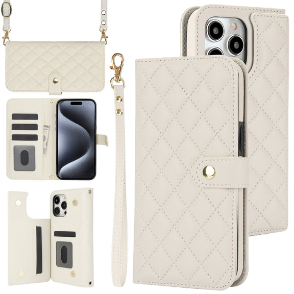For iPhone 16 Pro Crossbody Multifunction Rhombic Leather Phone Case(White)