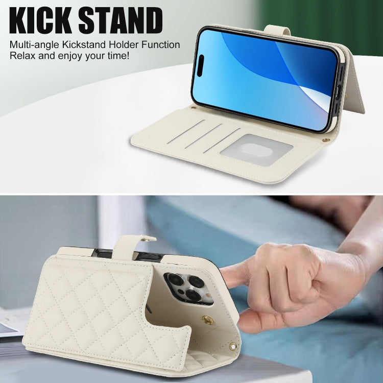 For iPhone 16 Pro Crossbody Multifunction Rhombic Leather Phone Case(White)