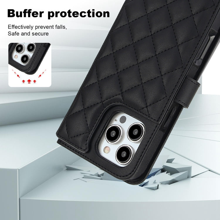 For iPhone 16 Pro Crossbody Multifunction Rhombic Leather Phone Case(Black)
