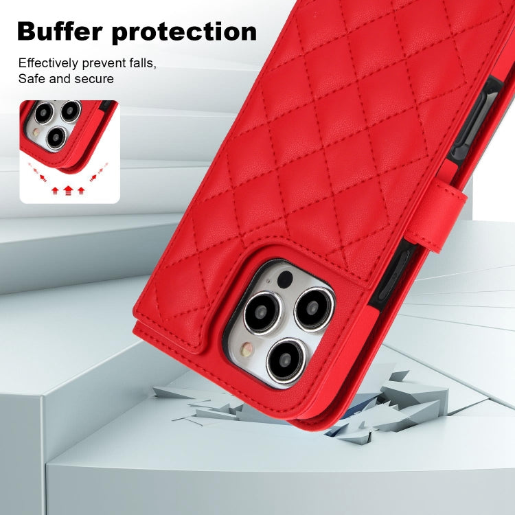 For iPhone 16 Pro Crossbody Multifunction Rhombic Leather Phone Case(Red)