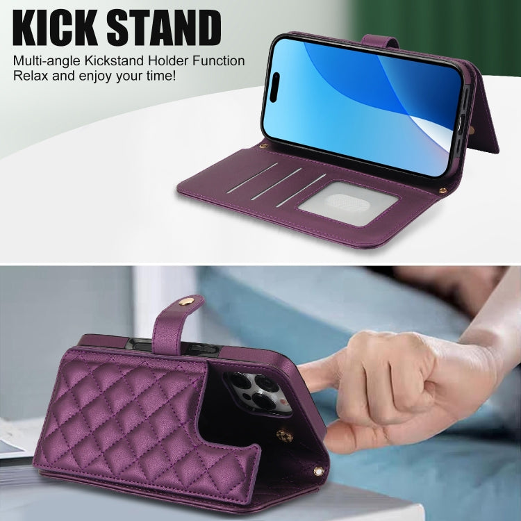 For iPhone 16 Pro Crossbody Multifunction Rhombic Leather Phone Case(Dark Purple)