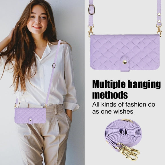 For iPhone 16 Pro Crossbody Multifunction Rhombic Leather Phone Case(Purple)