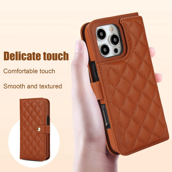 For iPhone 16 Pro Crossbody Multifunction Rhombic Leather Phone Case(Brown)