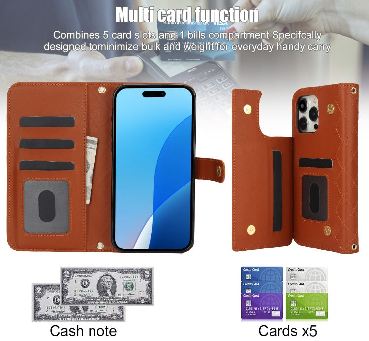 For iPhone 16 Pro Crossbody Multifunction Rhombic Leather Phone Case(Brown)