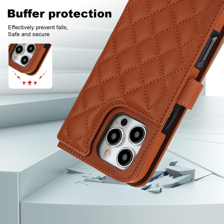 For iPhone 16 Pro Crossbody Multifunction Rhombic Leather Phone Case(Brown)