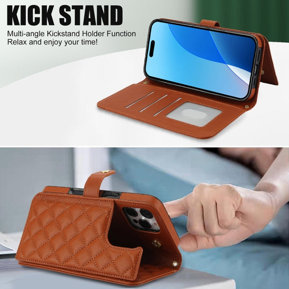 For iPhone 16 Pro Crossbody Multifunction Rhombic Leather Phone Case(Brown)