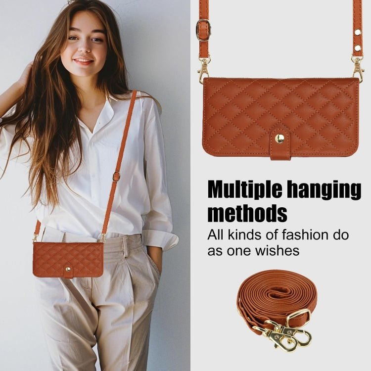 For iPhone 16 Pro Crossbody Multifunction Rhombic Leather Phone Case(Brown)