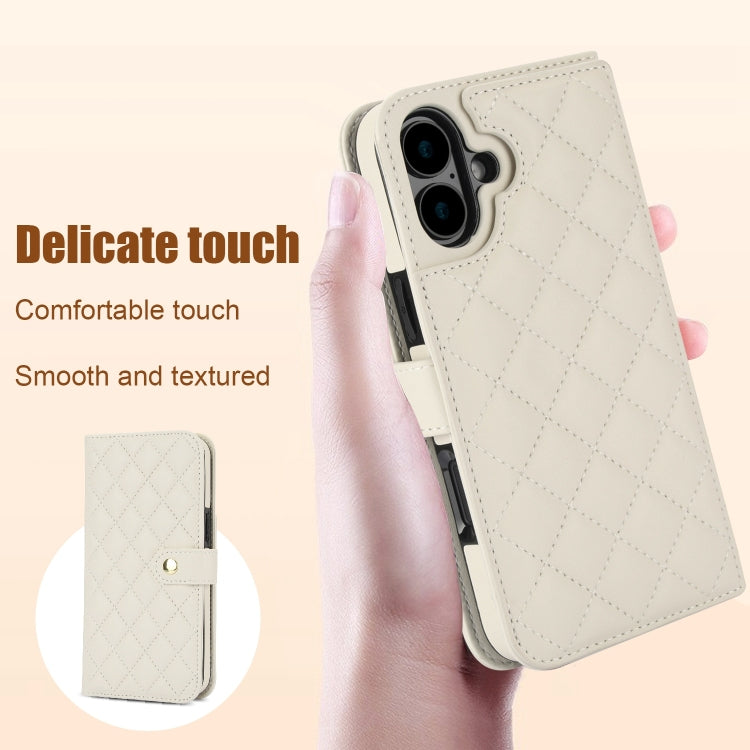For iPhone 16 Plus Crossbody Multifunction Rhombic Leather Phone Case(White)