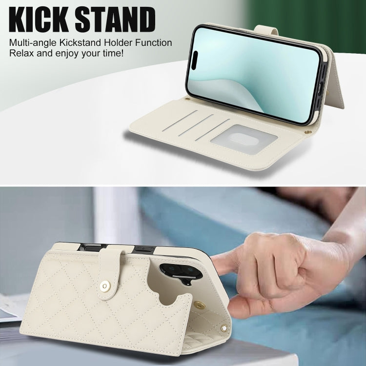 For iPhone 16 Plus Crossbody Multifunction Rhombic Leather Phone Case(White)