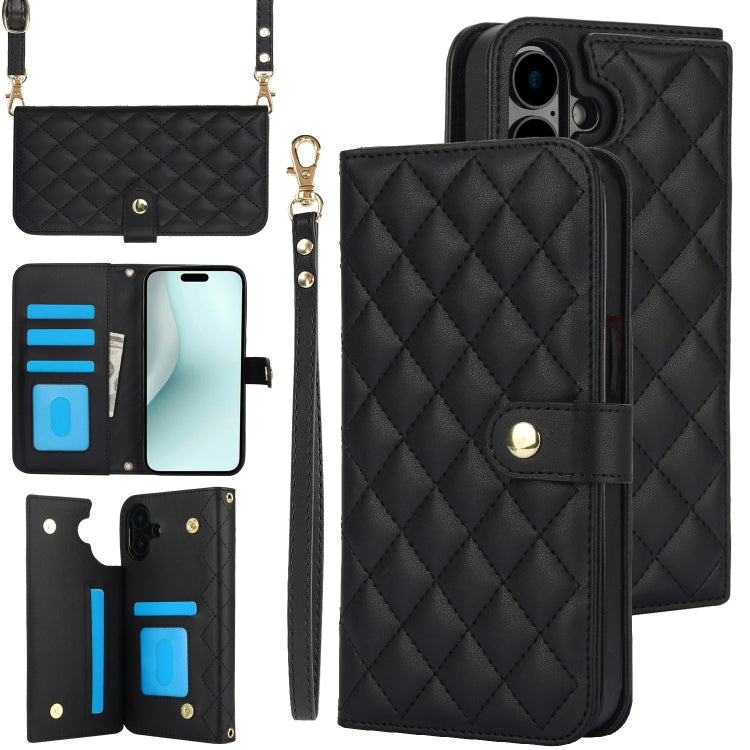 For iPhone 16 Plus Crossbody Multifunction Rhombic Leather Phone Case(Black)