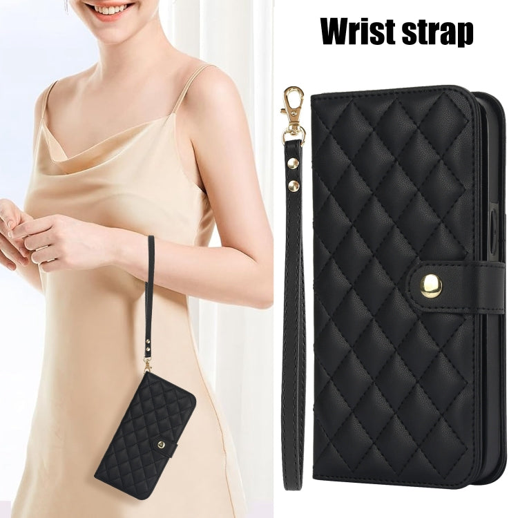 For iPhone 16 Plus Crossbody Multifunction Rhombic Leather Phone Case(Black)
