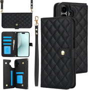 For iPhone 16 Plus Crossbody Multifunction Rhombic Leather Phone Case(Black)