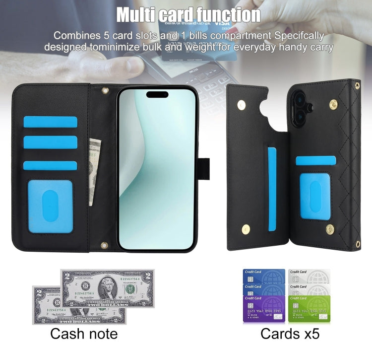 For iPhone 16 Plus Crossbody Multifunction Rhombic Leather Phone Case(Black)