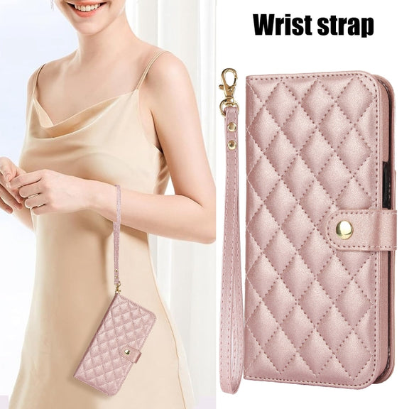 For iPhone 16 Plus Crossbody Multifunction Rhombic Leather Phone Case(Rose Gold)
