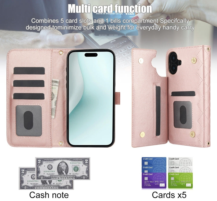 For iPhone 16 Plus Crossbody Multifunction Rhombic Leather Phone Case(Rose Gold)