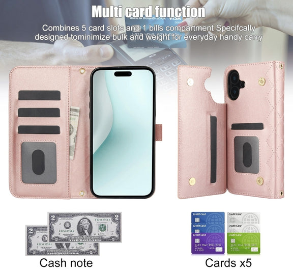 For iPhone 16 Plus Crossbody Multifunction Rhombic Leather Phone Case(Rose Gold)
