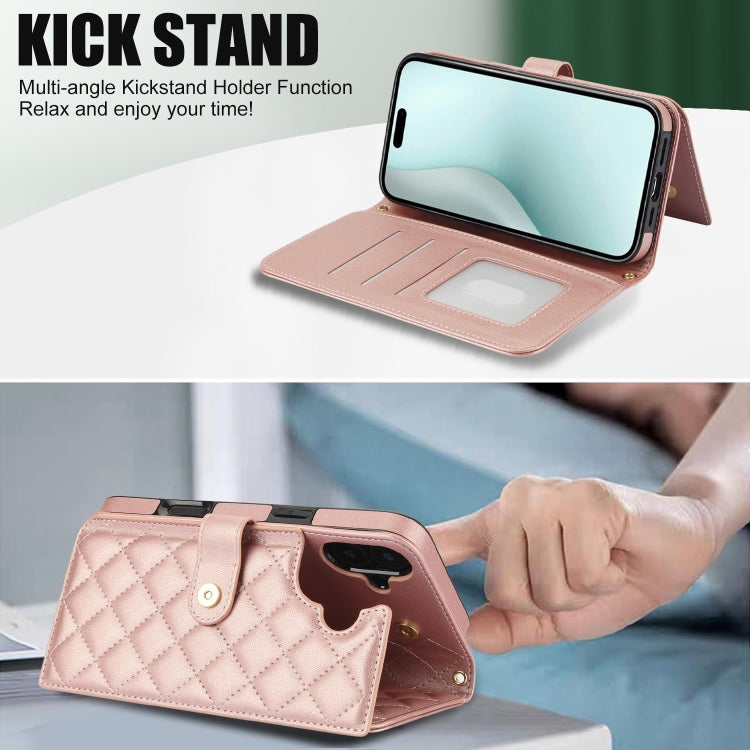 For iPhone 16 Plus Crossbody Multifunction Rhombic Leather Phone Case(Rose Gold)