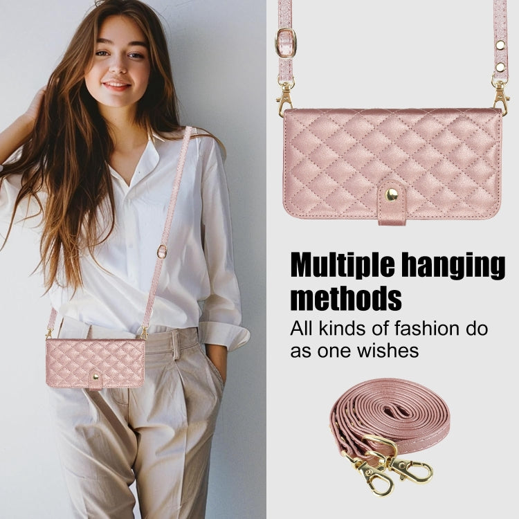 For iPhone 16 Plus Crossbody Multifunction Rhombic Leather Phone Case(Rose Gold)