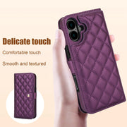 For iPhone 16 Plus Crossbody Multifunction Rhombic Leather Phone Case(Dark Purple)