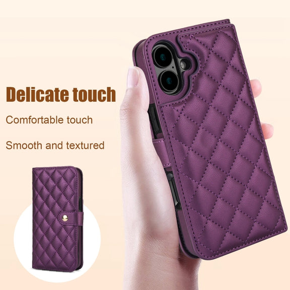 For iPhone 16 Plus Crossbody Multifunction Rhombic Leather Phone Case(Dark Purple)