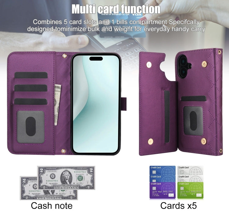 For iPhone 16 Plus Crossbody Multifunction Rhombic Leather Phone Case(Dark Purple)