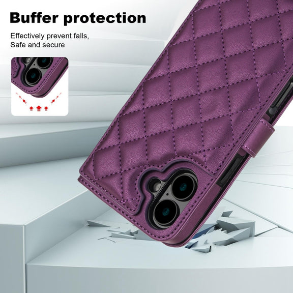For iPhone 16 Plus Crossbody Multifunction Rhombic Leather Phone Case(Dark Purple)