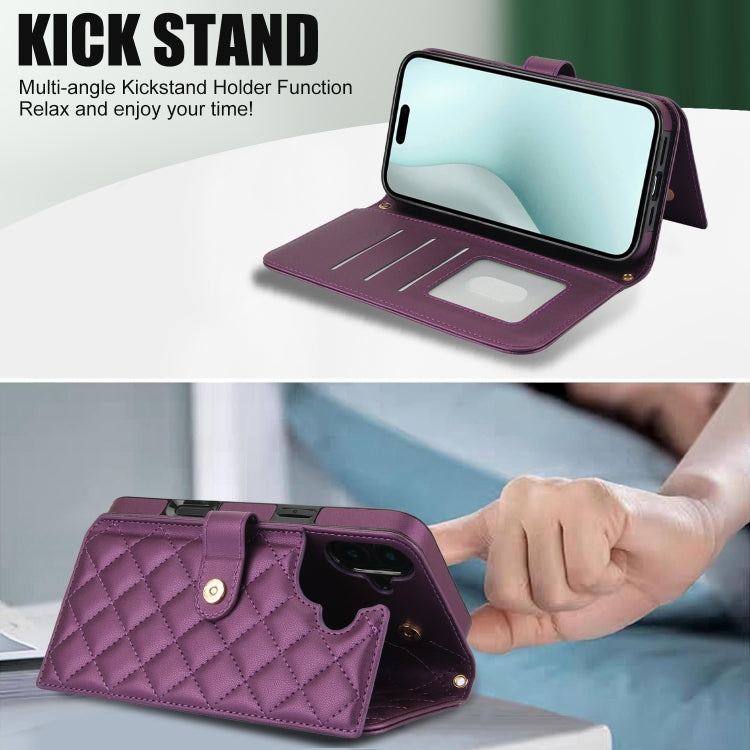 For iPhone 16 Plus Crossbody Multifunction Rhombic Leather Phone Case(Dark Purple)